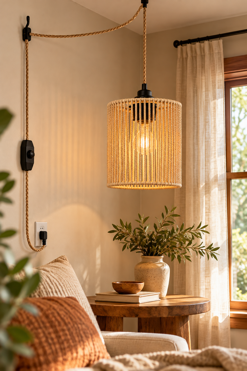 Beige woven rattan pendant light with vintage pleated wicker shade and hemp rope cord
