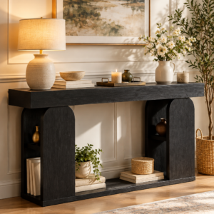 71-inch black entryway console table with two-tier storage shelf in a cozy farmhouse living room