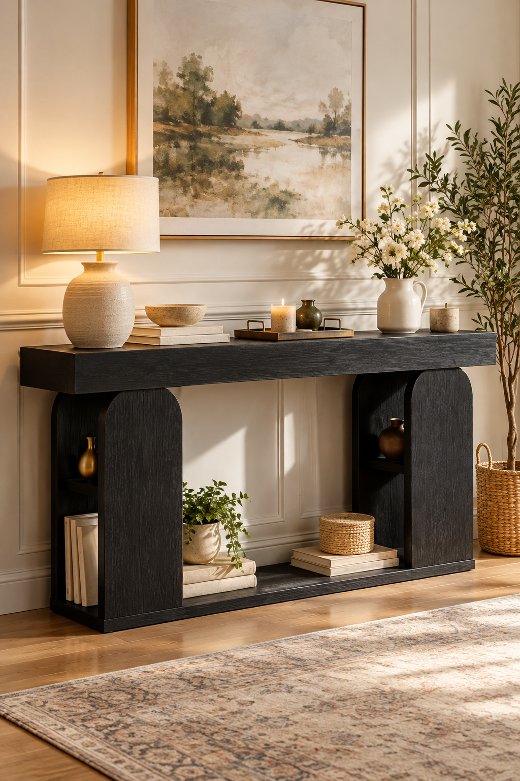 71-inch black entryway console table with two-tier storage shelf in a cozy farmhouse living room