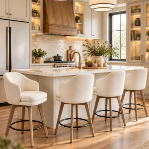 Cream linen upholstered counter height bar stools with swivel seats and wooden legs around a kitchen island