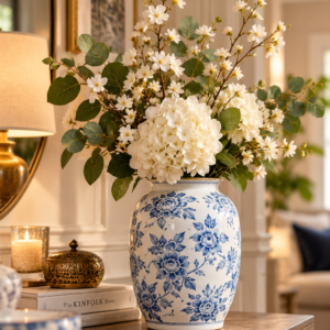 Blue and white ceramic vase with vintage floral pattern for elegant home decor