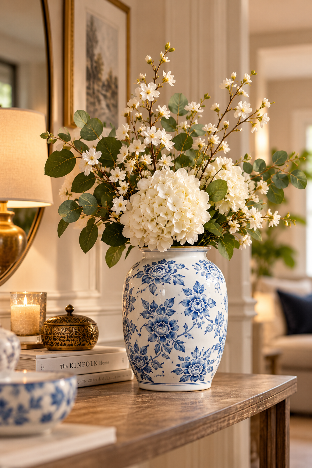 Blue and white ceramic vase with vintage floral pattern for elegant home decor