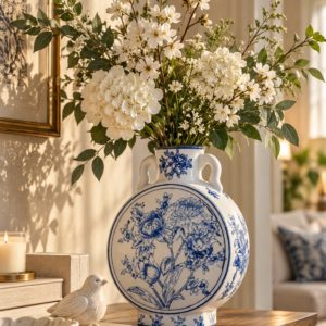 Large blue and white ceramic Chinoiserie vase with hand-painted floral and branch patterns displayed as elegant home decor.