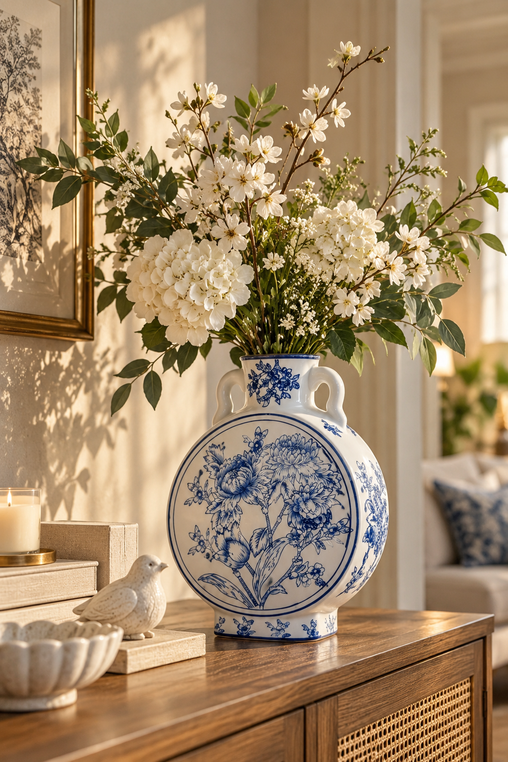 Large blue and white ceramic Chinoiserie vase with hand-painted floral and branch patterns displayed as elegant home decor.