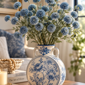 Dusty Blue Faux Silk Chrysanthemum Artificial Flowers – 5 Pcs Mini Blue Mums with 25 Flower Heads for Vase Arrangements, Wedding Centerpieces & Home Decor