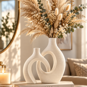 Set of two cream ceramic decorative vases with a unique hollow sculptural design on a neutral console table.