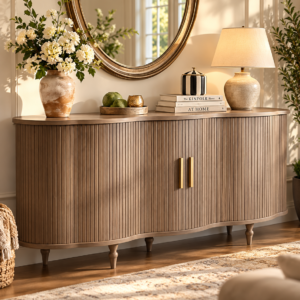 63-inch walnut fluted sideboard cabinet with scalloped doors styled in a cozy modern living room