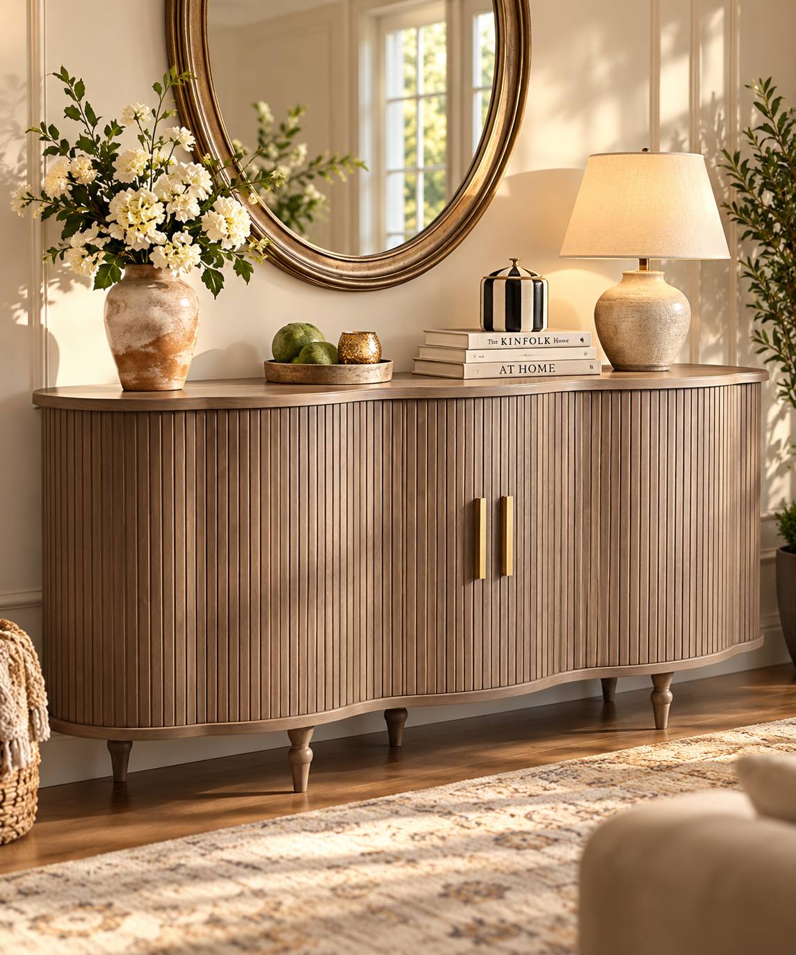 63-inch walnut fluted sideboard cabinet with scalloped doors styled in a cozy modern living room