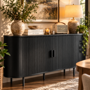 63-inch black fluted buffet sideboard cabinet with sliding doors in a modern dining room