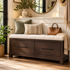 Espresso entryway shoe bench with removable cushion and hidden storage in a cozy modern hallway