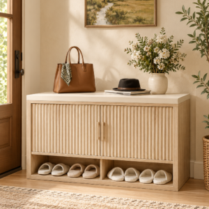 Natural oak fluted shoe storage bench with padded cushion, hidden shoe cabinet, adjustable shelves, and open bottom shoe rack in a modern entryway.