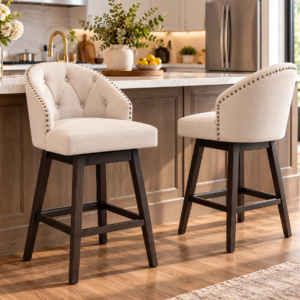 NAFORT beige tufted swivel bar stools set of 2 with wooden legs at a modern kitchen island