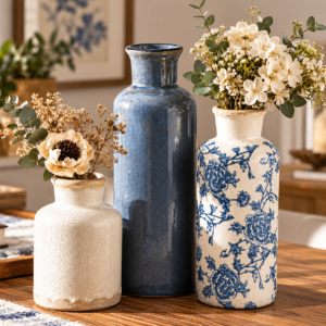 OOIT ceramic vintage vases set of 3 in blue and white Chinoiserie floral designs with decorative flowers