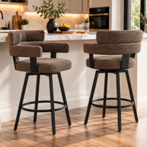 FERFALDER 30 inch brown swivel bar stools set of 2 with linen upholstery and black metal frame