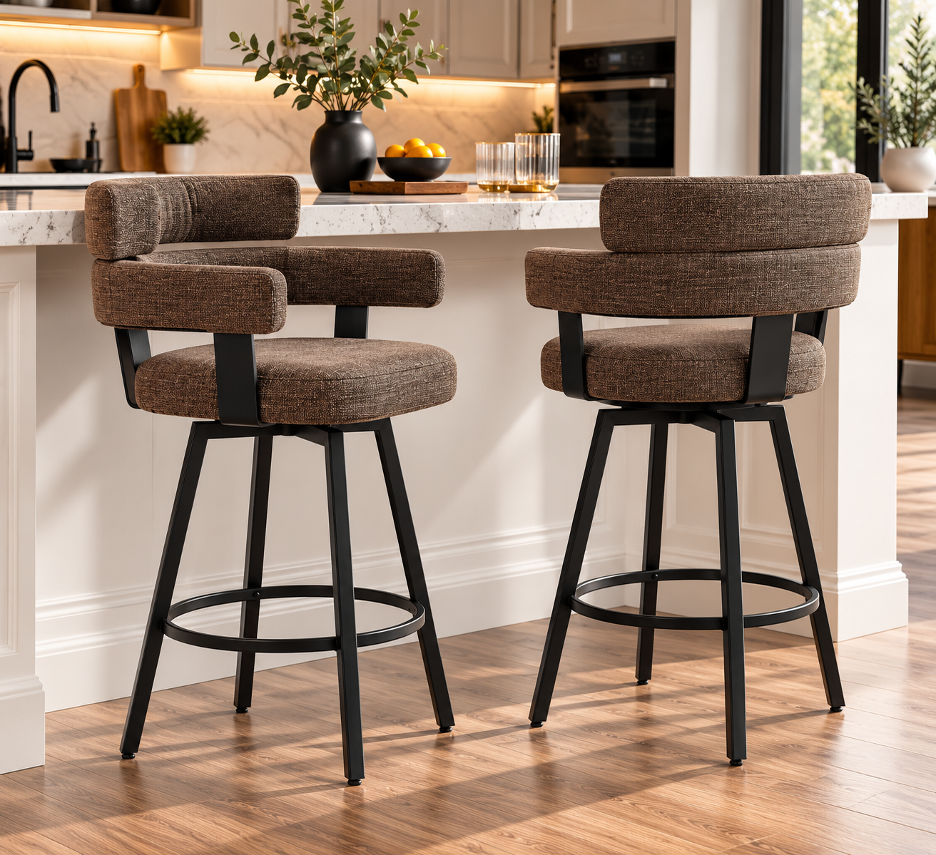 FERFALDER 30 inch brown swivel bar stools set of 2 with linen upholstery and black metal frame