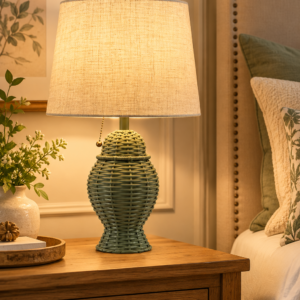 JONATHAN Y set of 2 green wicker table lamps with beige linen shades