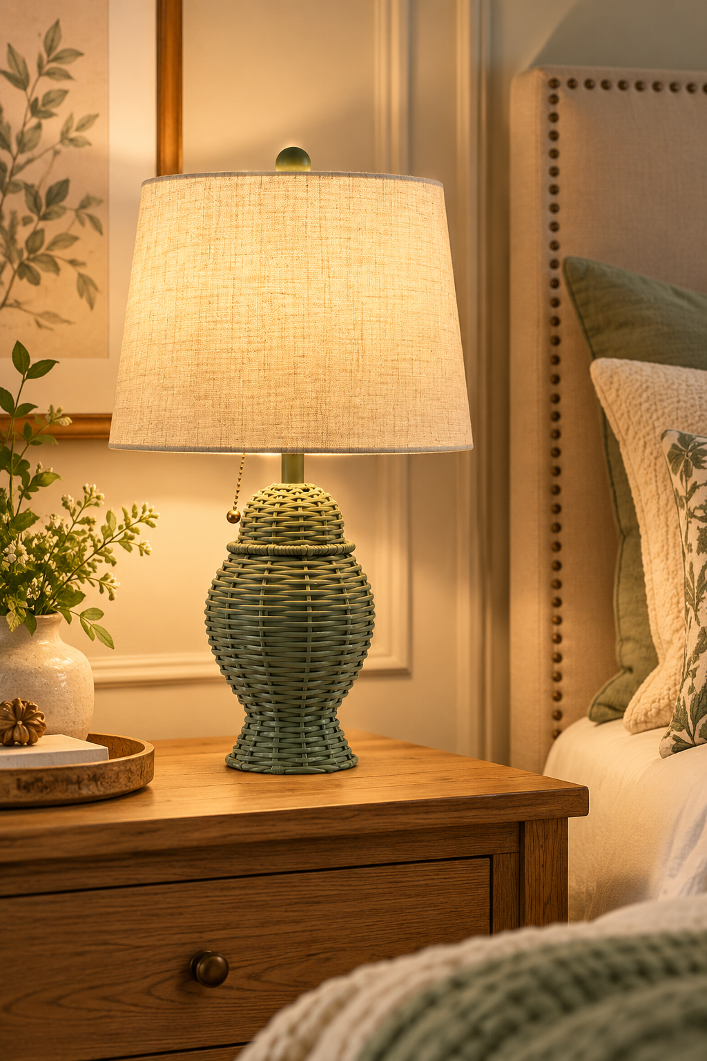 JONATHAN Y set of 2 green wicker table lamps with beige linen shades