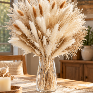 Natural pampas grass bouquet in a neutral vase for boho home decor