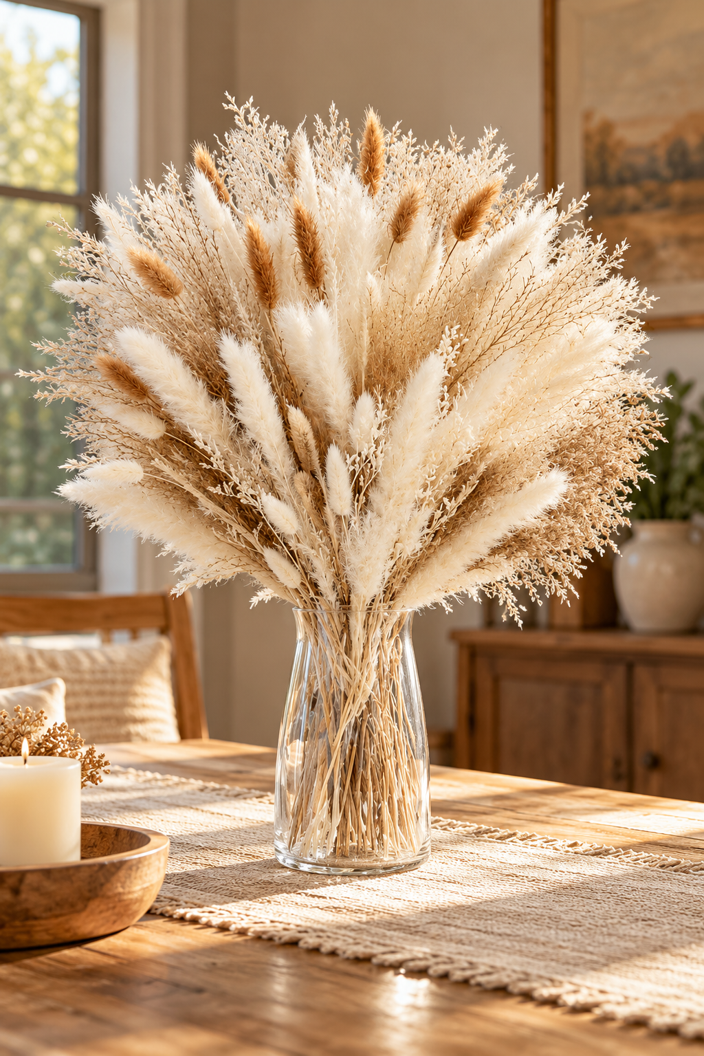 Natural pampas grass bouquet in a neutral vase for boho home decor