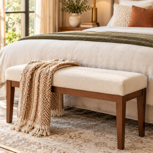 43.5 inch beige linen upholstered bench with solid wood legs