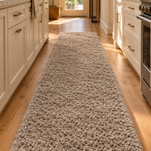Image Alt Text: Unique Loom taupe shag runner rug with a soft plush texture in a neutral home interior
