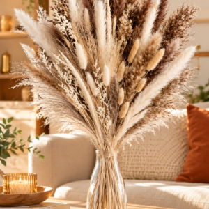 Natural dried pampas grass bouquet with white and brown stems in a vase