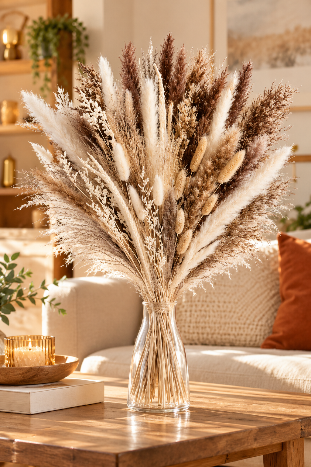 Natural dried pampas grass bouquet with white and brown stems in a vase
