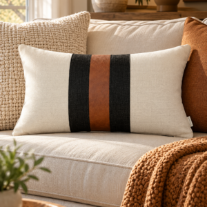 White lumbar pillow cover with black and brown center stripes