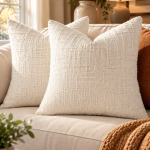 Cream white textured chenille throw pillow covers set of 2 on a neutral sofa