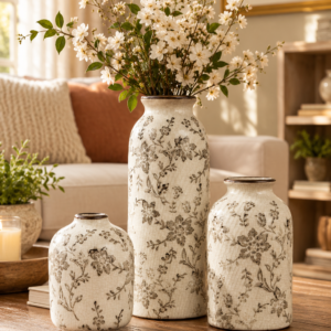 Set of 3 ceramic floral decorative vases