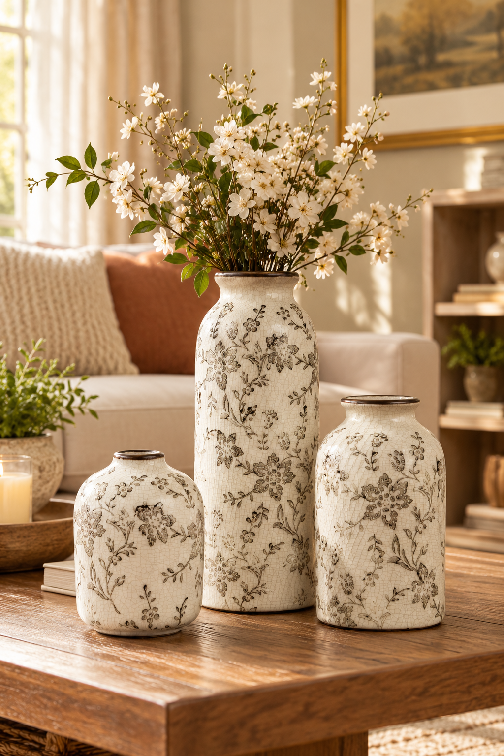 Set of 3 ceramic floral decorative vases