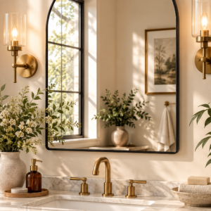 GLASHOM 24x30 inch black arched bathroom vanity mirror with a sleek metal frame above a modern sink