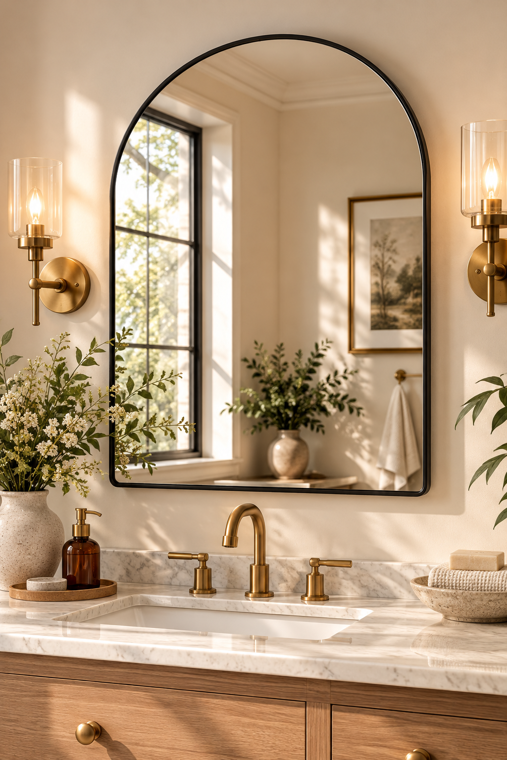 GLASHOM 24x30 inch black arched bathroom vanity mirror with a sleek metal frame above a modern sink