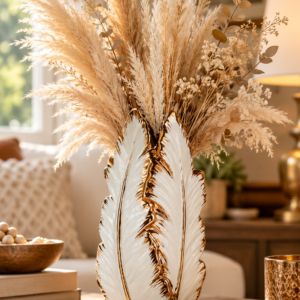 White and gold ceramic feather vase for elegant home decor