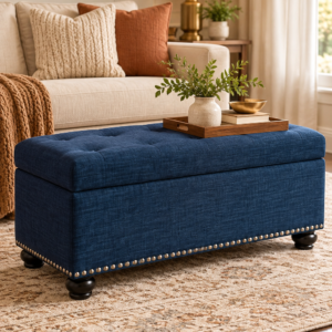 Dark blue storage ottoman bench with hinged lid