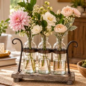Rustic flower vase set with three glass vases and rack stand