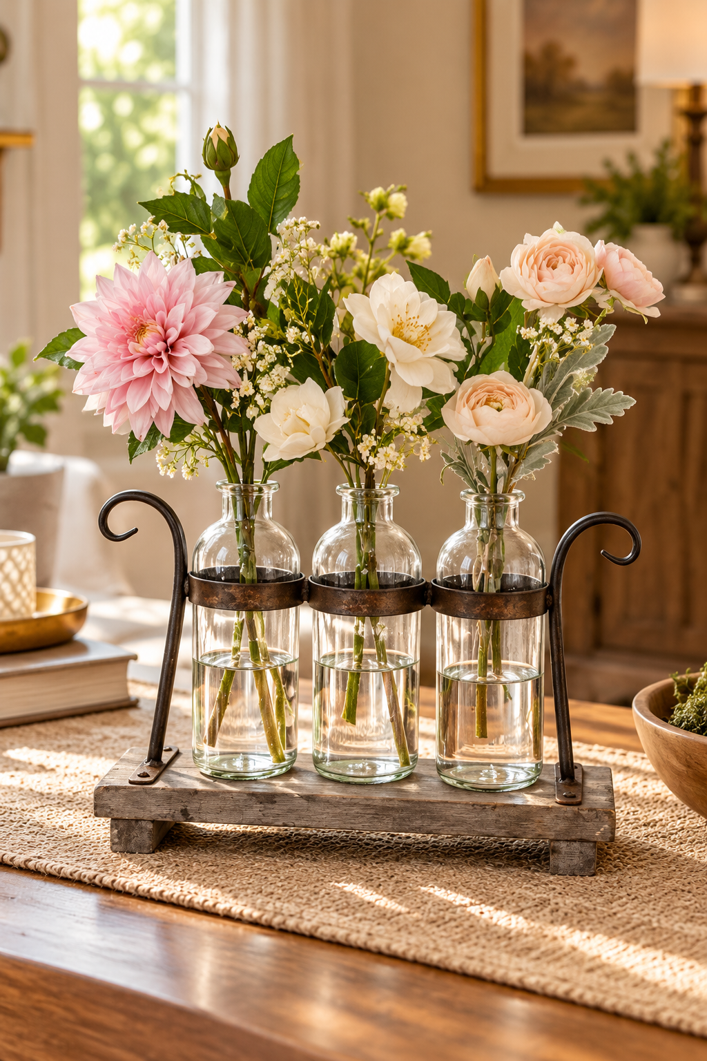 Rustic flower vase set with three glass vases and rack stand