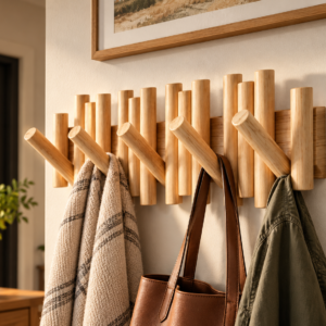 Umbra Picket wood wall coat rack with five natural wood flip-down hooks