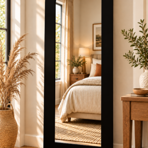 67-inch arched full-length floor mirror with black border and gold frame in a neutral bedroom