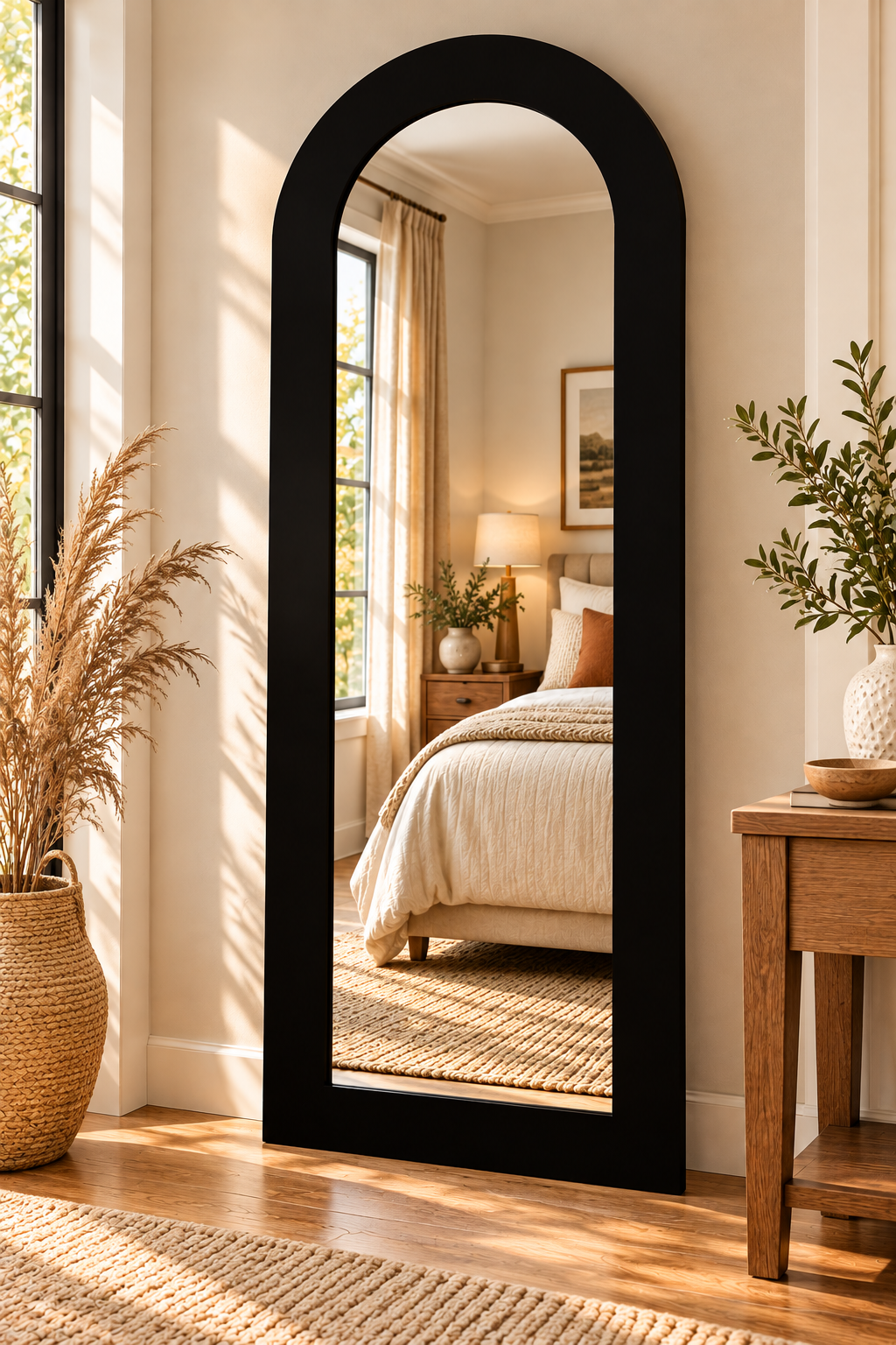 67-inch arched full-length floor mirror with black border and gold frame in a neutral bedroom