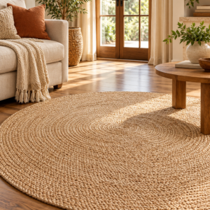 6 foot round handwoven jute area rug in natural beige