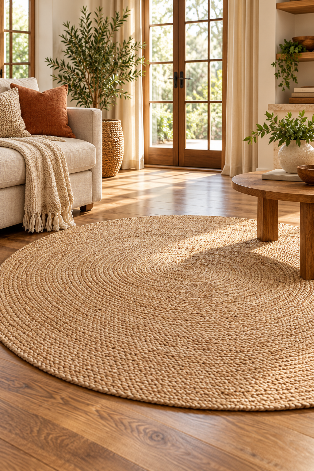 6 foot round handwoven jute area rug in natural beige