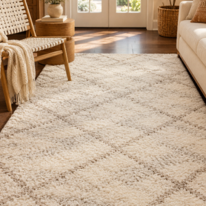 SAFAVIEH Hudson Shag Rug in multi ivory and beige with a plush pile and diamond pattern.