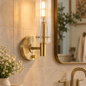 Brushed brass wall sconce with clear striped glass shade