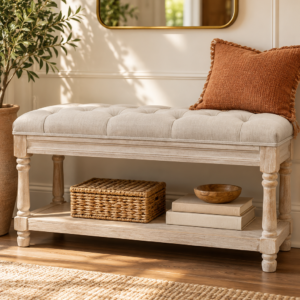 Beige farmhouse storage bench with button tufted upholstered seat