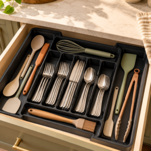 Expandable silverware organizer with 7 to 9 compartments in black