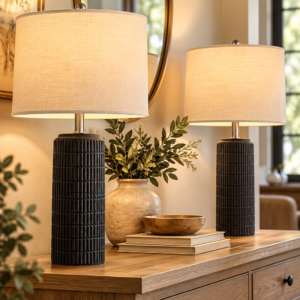 Matte black ceramic table lamps set of 2 with linen shades