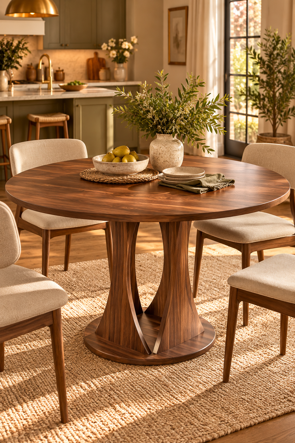 47 inch walnut round dining table with double arc base