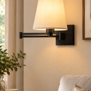 Black swing arm wall sconce set of 2 with fabric shade