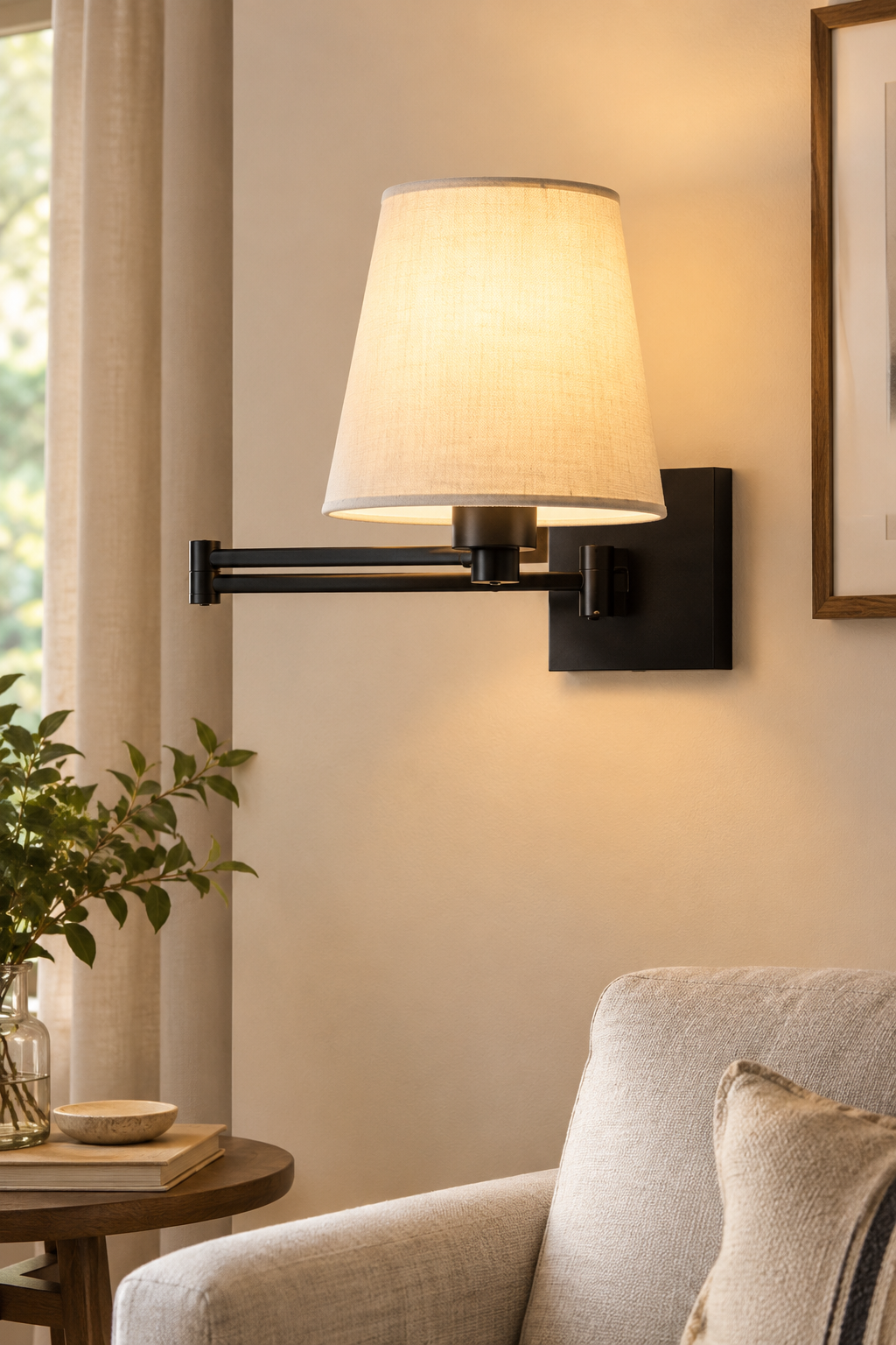 Black swing arm wall sconce set of 2 with fabric shade